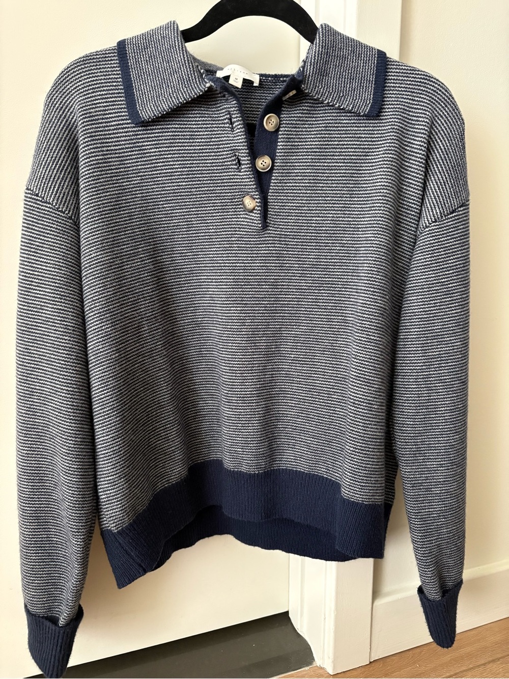 All:Row-Striped Polo-Knit Pullover in Navy and White